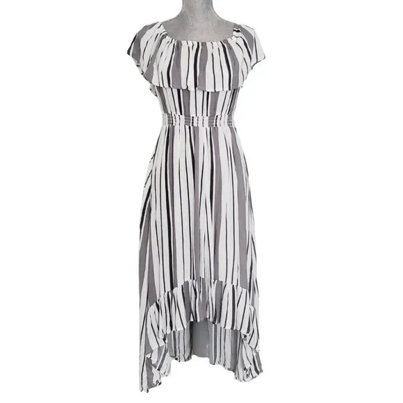 SOLD ! New Look Gray Striped Off Shoulder Casual Maxi Dress Size Small GUC - Picture 5 of 15